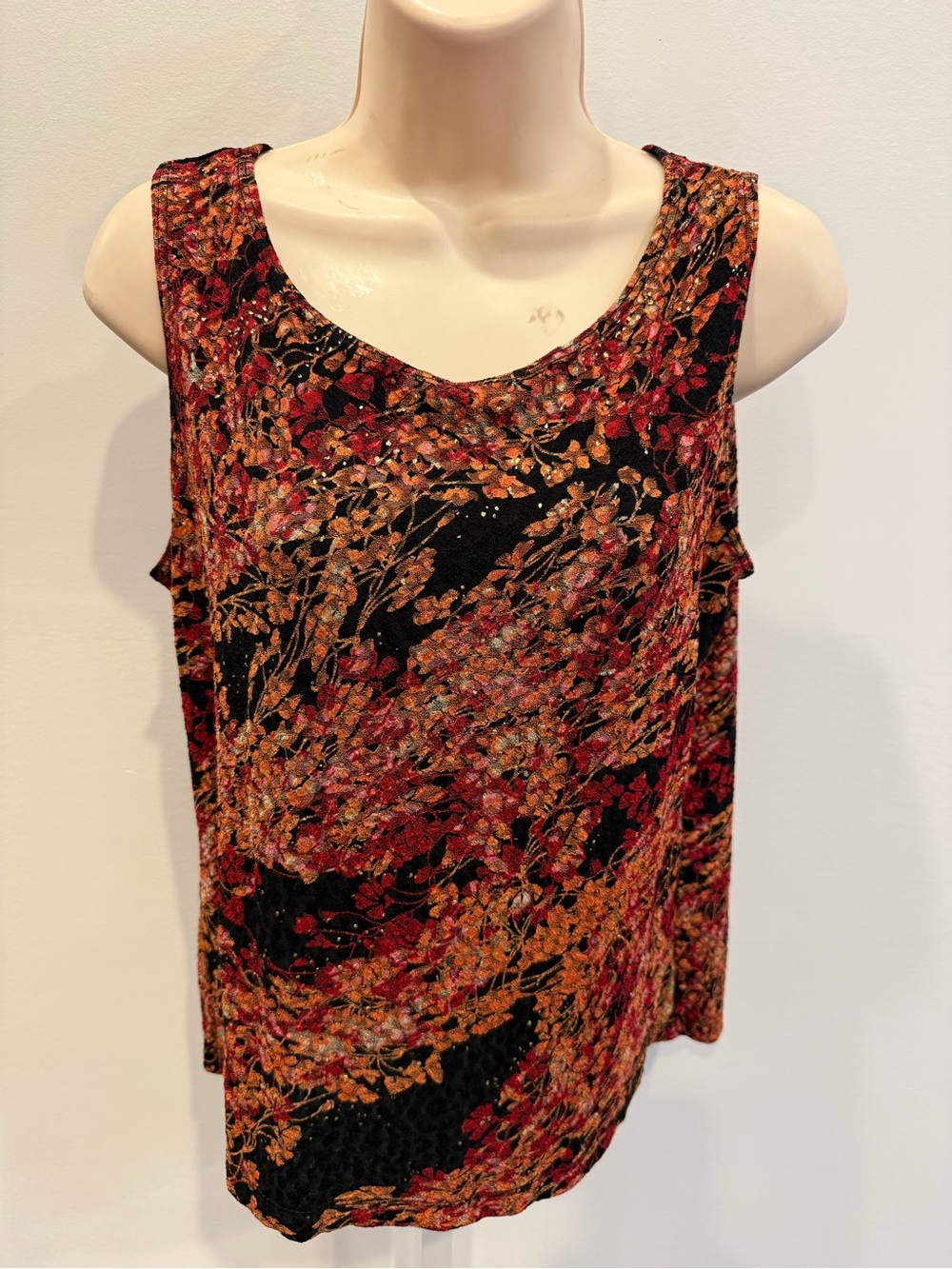 Vintage White Stag Black Floral Tank Top Red Orange Accents Sheer Size M Y2K